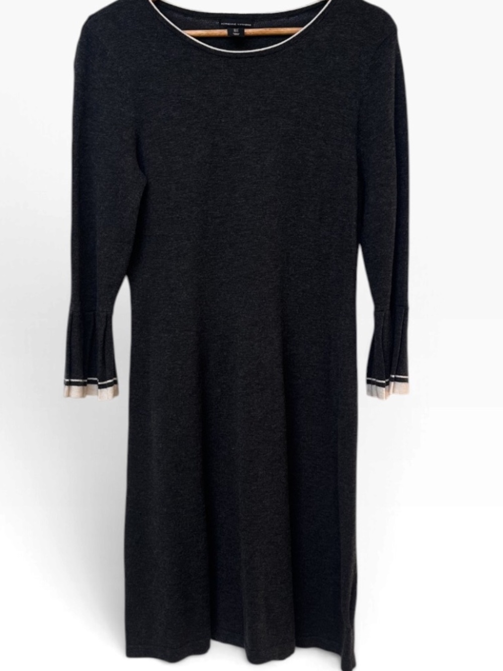 Adrienne Vittadini Charcoal Grey Knit Sweater Dress Bell Sleeve Trimmed Size Lar